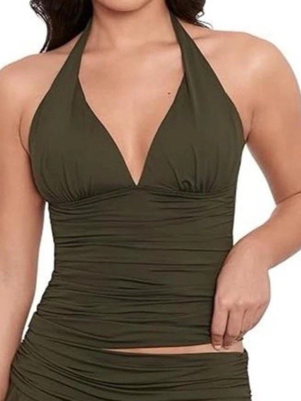 Lauren Ralph Lauren Women's Olive Beach Club Solid Molded Halter Tankini Size16